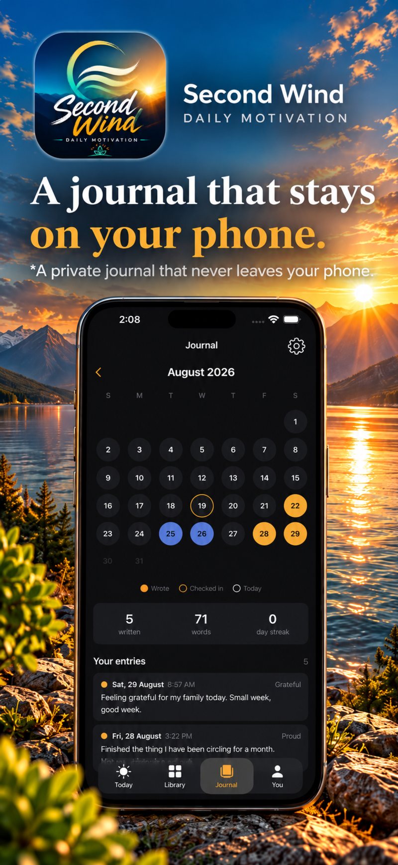 Second Wind — a private journal that never leaves your phone